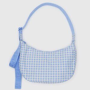 Baggu Medium Nylon Crescent Bag with Key Leash Light Blue Gingham